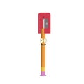 Smiling pencil on a white background with a sharpener on his head.